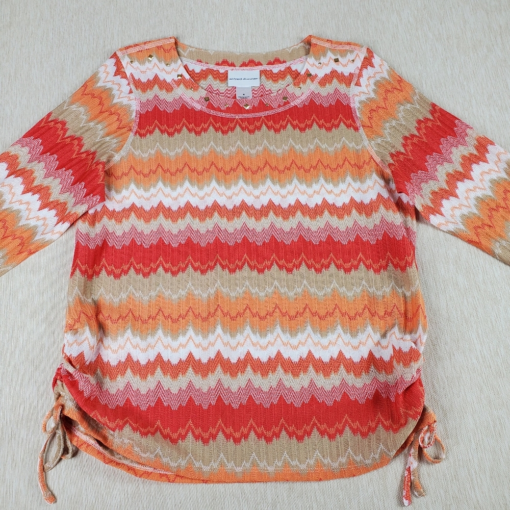 Alfred Dunner Catalina Island Top Side Ruched Tie Decorative Neckline 3/4 Sleeve
